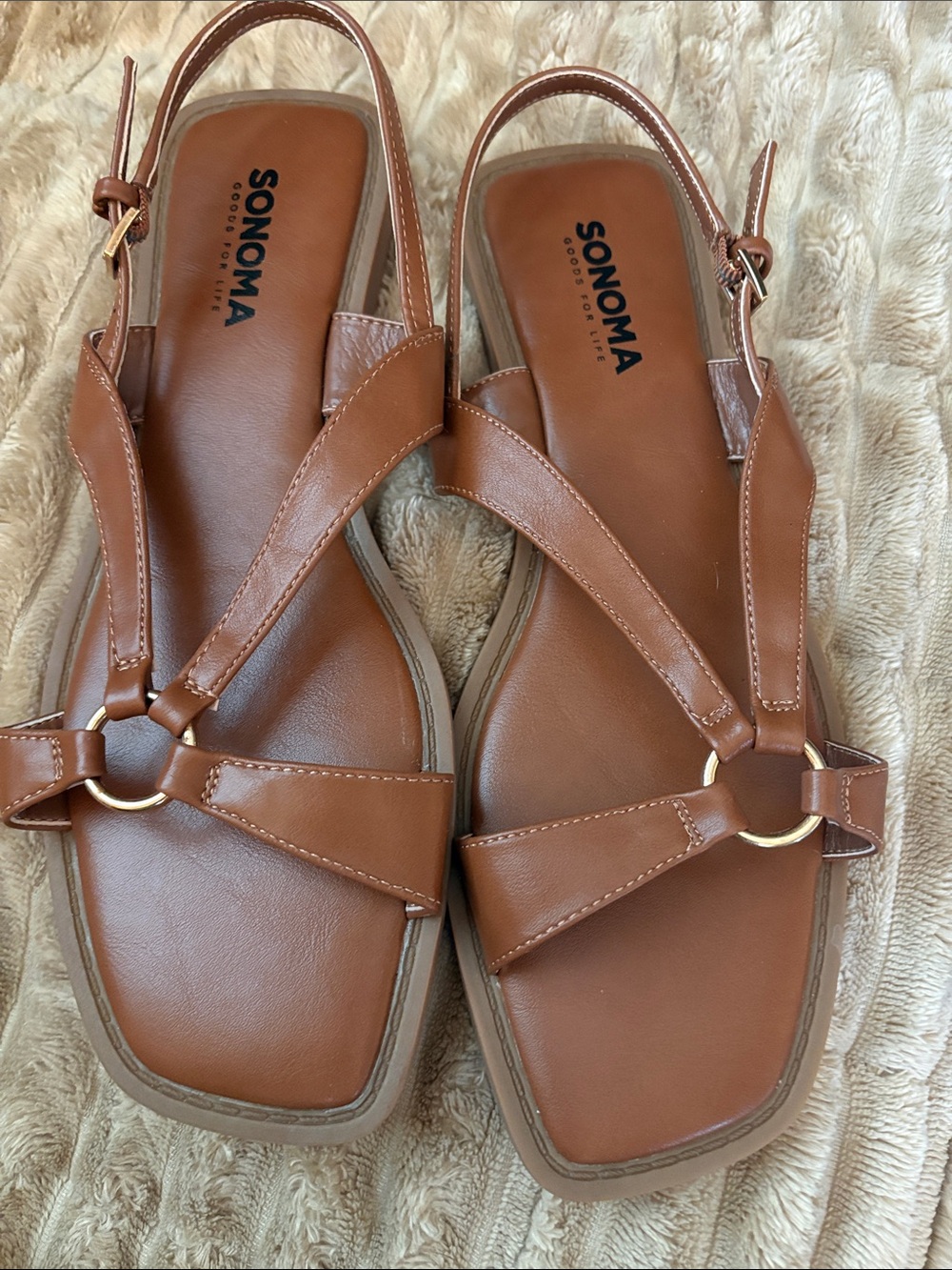 Sonoma Tan Leather T-Strap Slingback Sandals with Gold Rings